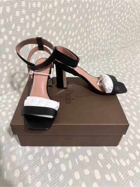 Linea Paolo Black Leather Ankle-Strap Block Heels